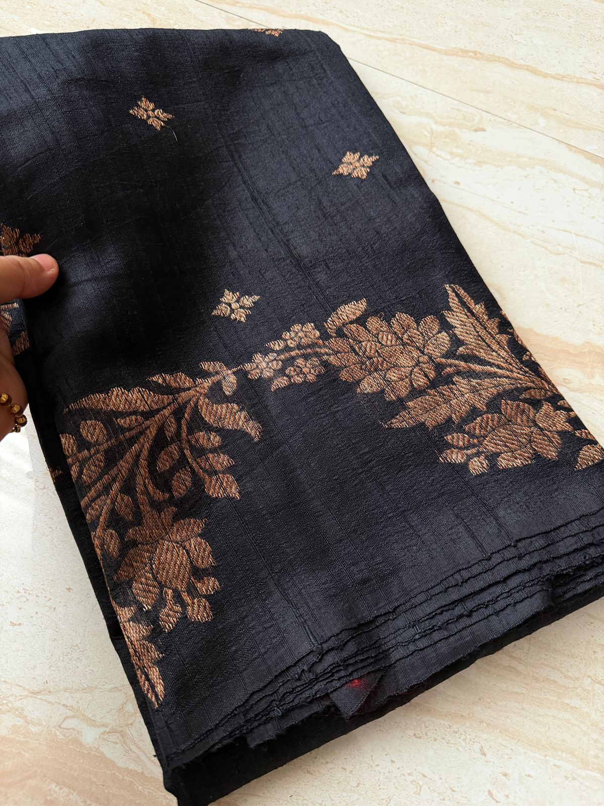 Beautiful Jet Black Dupion Raw Silk Banarasi Saree with Zari Weave All Over