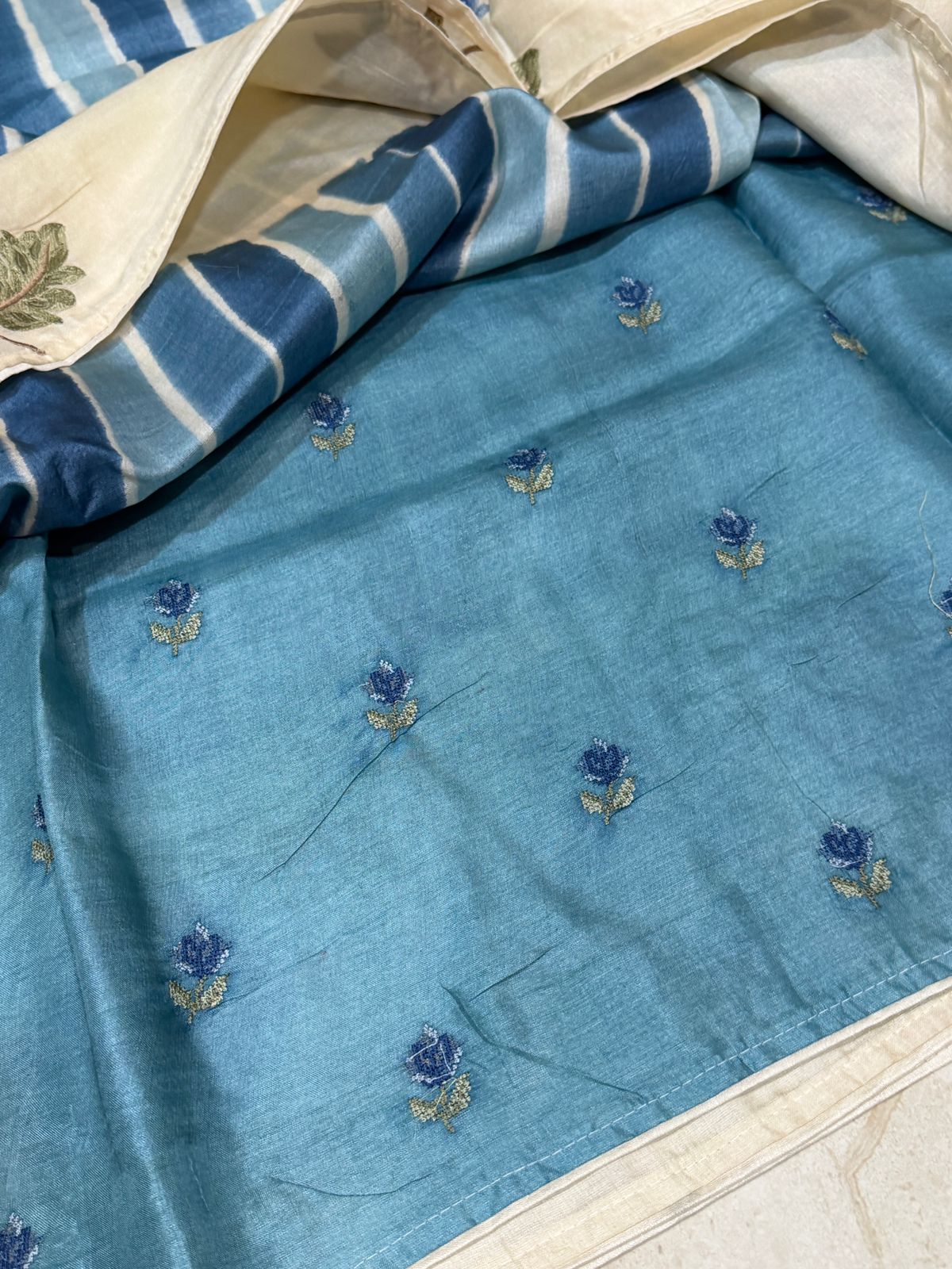 Tussar Silk Hand Brush Dye Saree with Cross Stitch Embroidery Buta