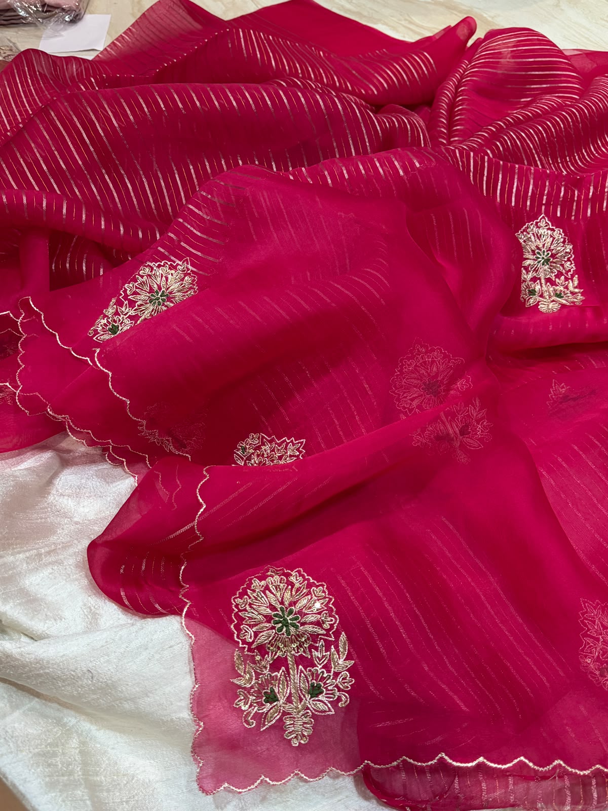 Vibrant Pink Organza Silk Saree with Exquisite Zardozi Butta Work