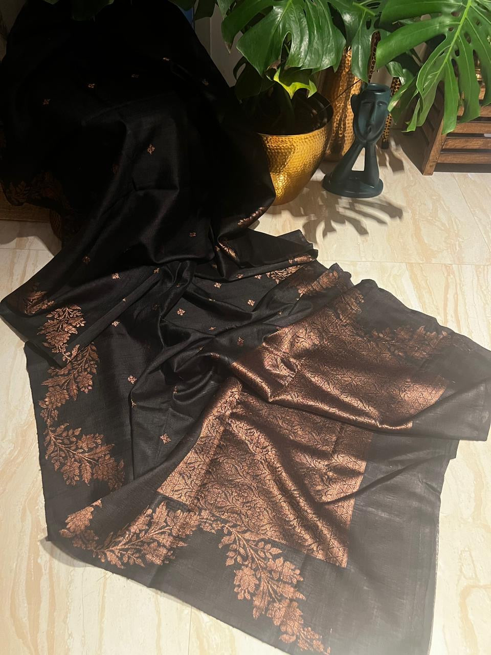 Beautiful Jet Black Dupion Raw Silk Banarasi Saree with Zari Weave All Over
