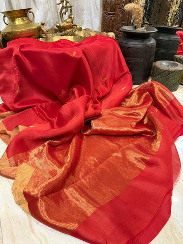 Chanderi Silk Cotton Handloom Saree with Zari Border & Meenakari Buta