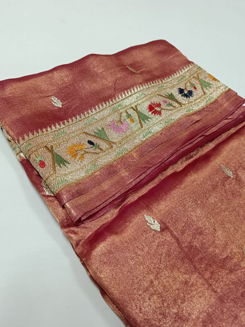 Pure Banarasi Soft Tissue Silk Saree With Paithani Border Embroidery