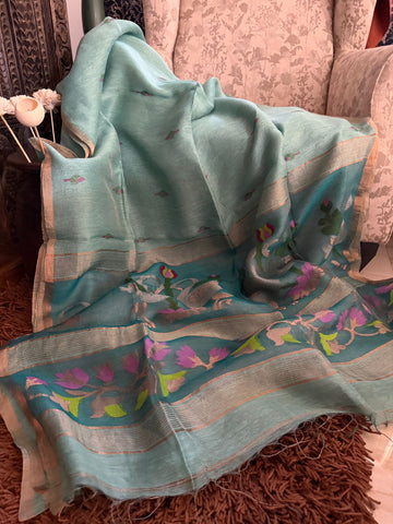 Pure Handloom Linen Tissue Silk Saree With Jamdani Weave