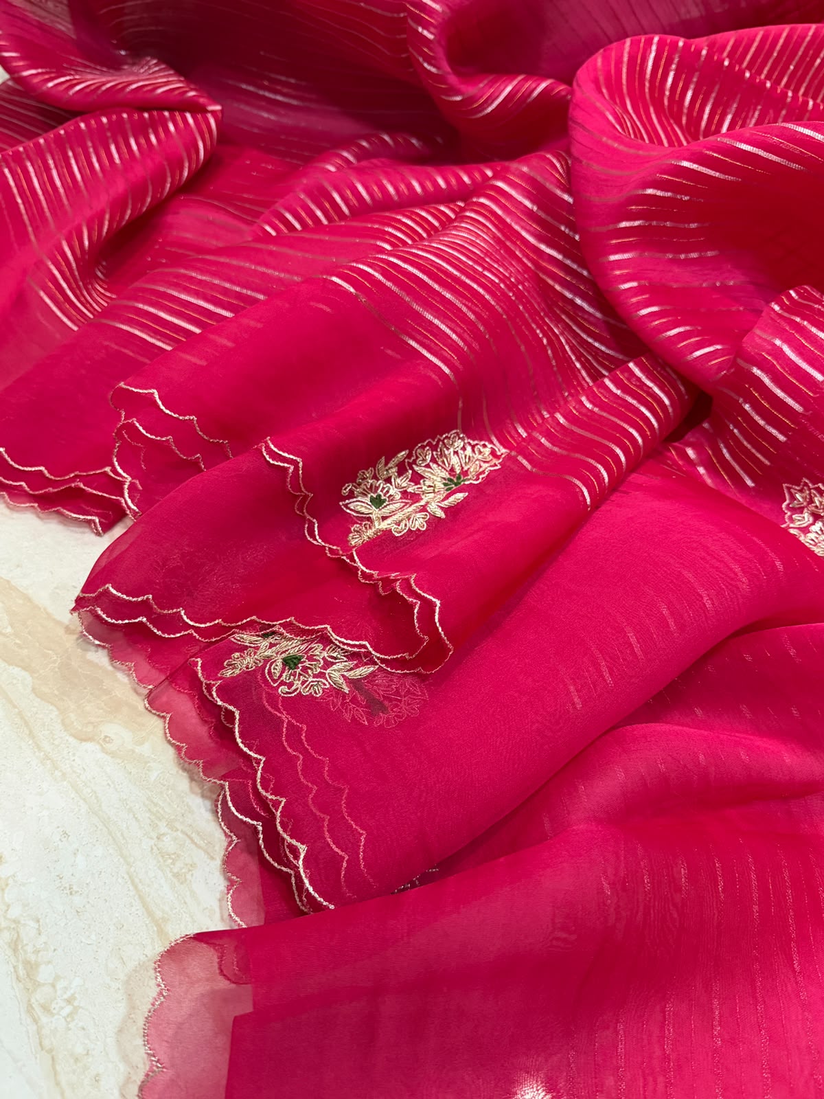 Vibrant Pink Organza Silk Saree with Exquisite Zardozi Butta Work