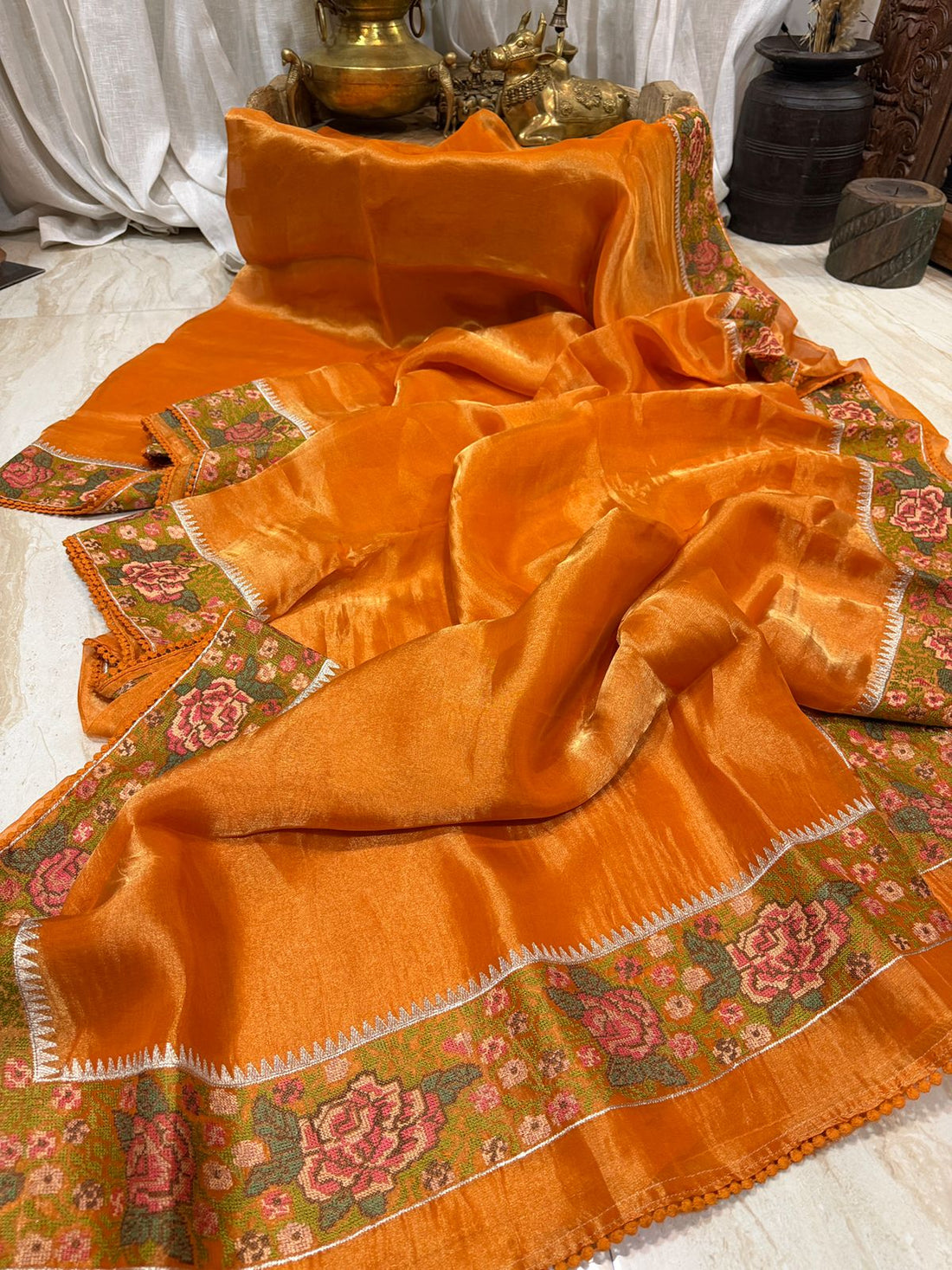 Banarasi Soft Tissue Silk Saree With Cross Stitch Embroidery Border