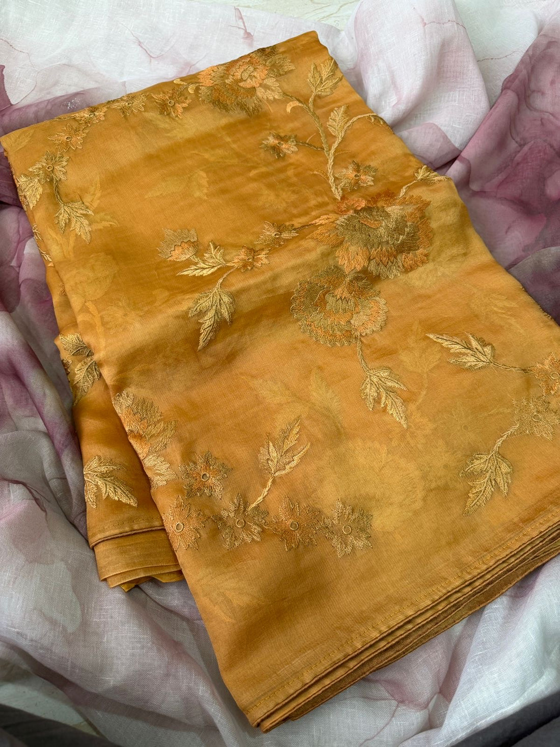 Pure Organza Saree With Machine Embroidery All Over