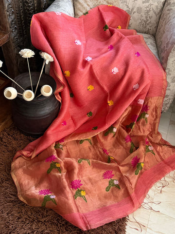 Pure Handloom Linen Tissue Silk Saree With Jamdani Weave