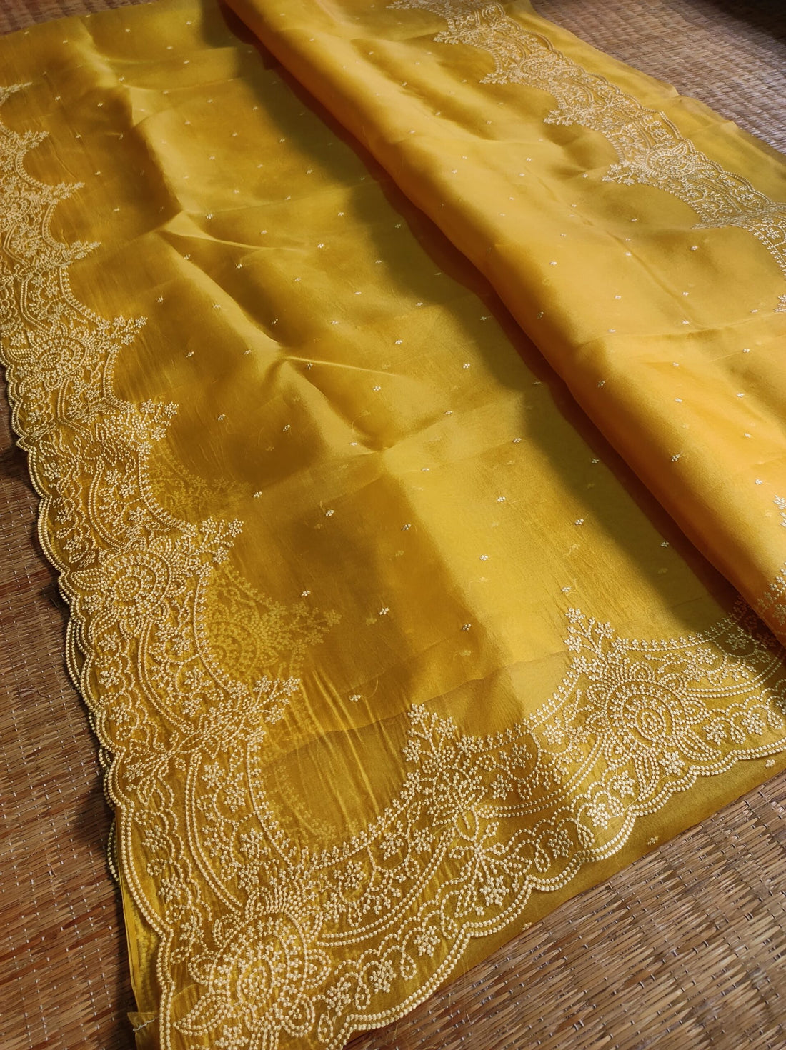 Pure Organza Silk Saree with Pearl Style Scallop Edging Embroidery Work All Over