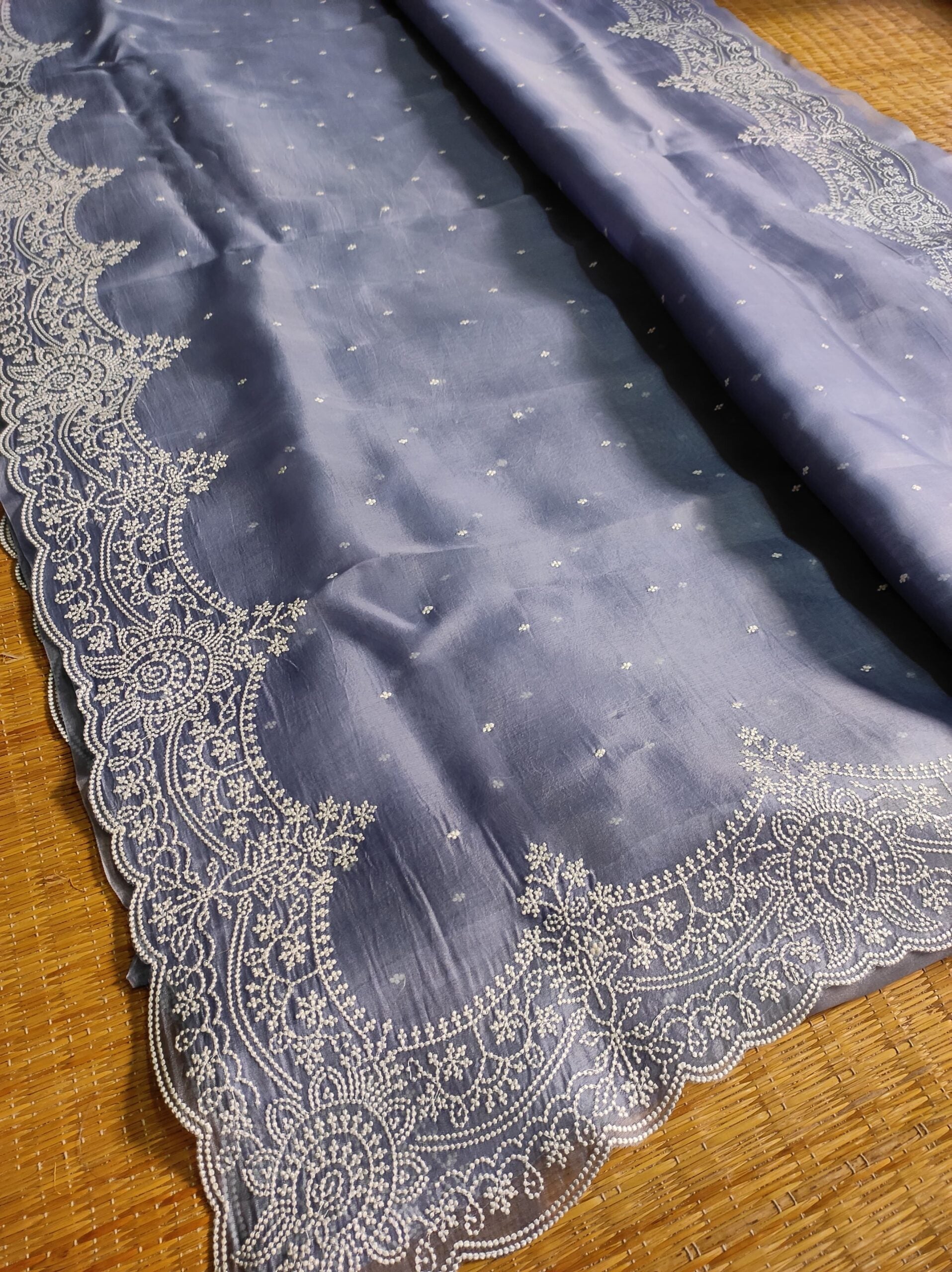 Pure Organza Silk Saree With Pearl Style Scallop Edging Embroidery Work All Over