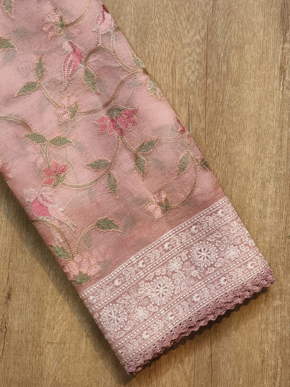 Pure Organza Silk Saree With Katha Machine Chikankari , Border with velvet lace