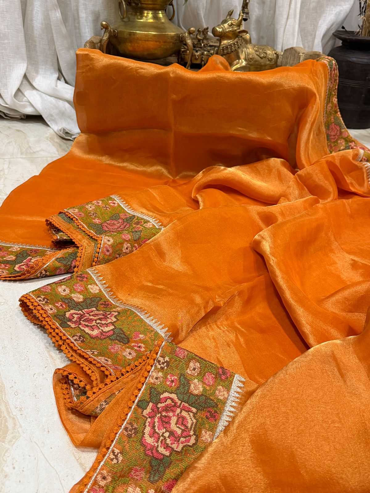 Banarasi Soft Tissue Silk Saree With Cross Stitch Embroidery Border