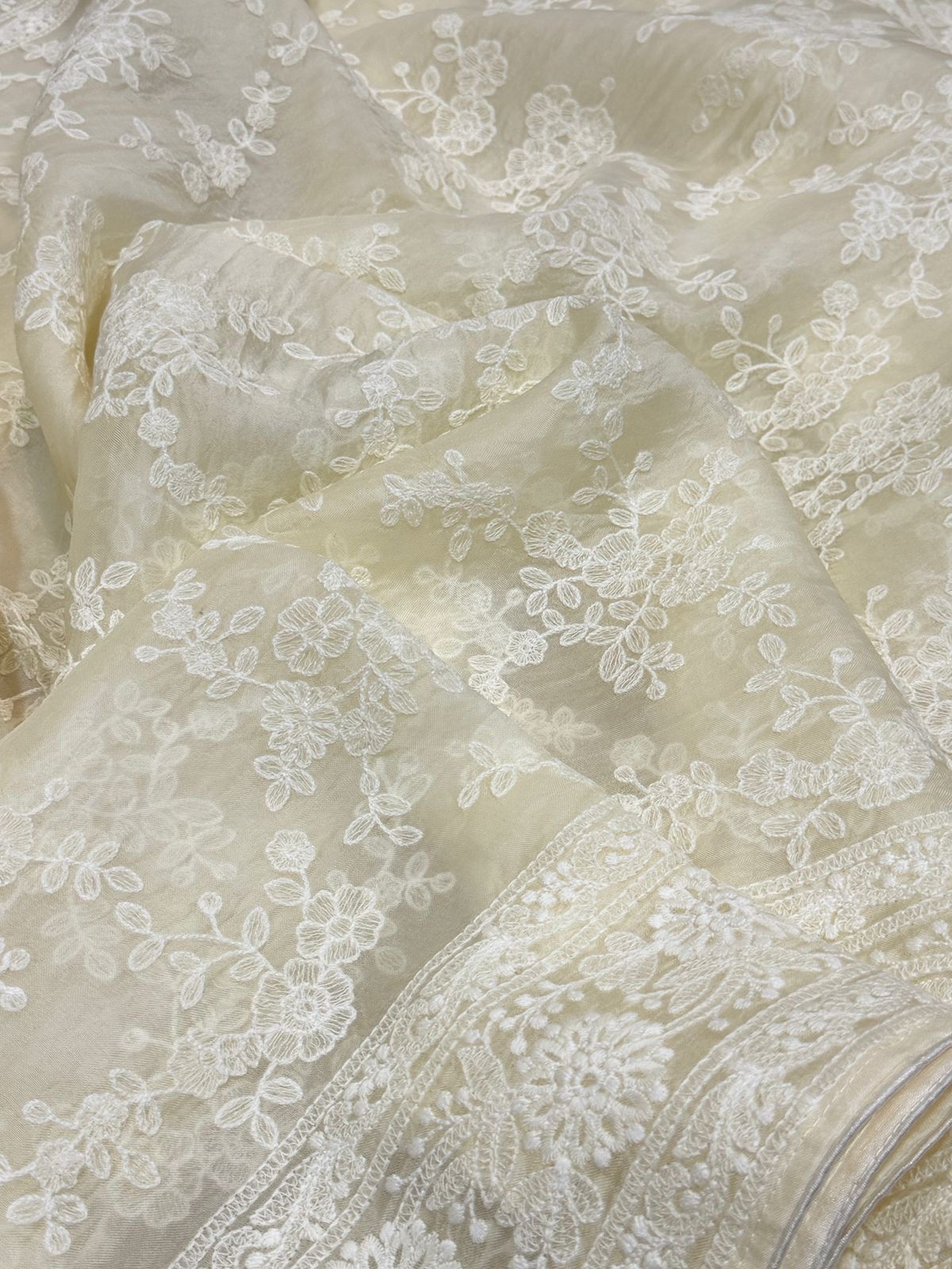 Pure Organza Sik Saree With Machine Embroidery Chikankari Work All Over
