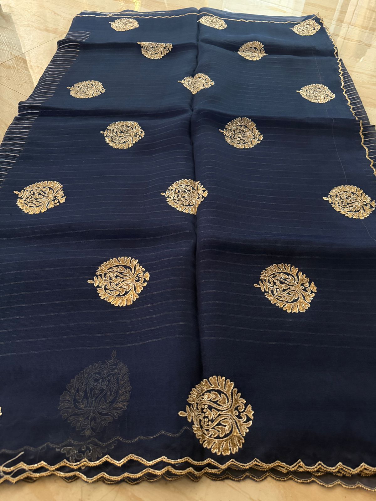 Pure Organza Saree Zari Stripes Saree With Hand Zardozi Dabka Work Butta