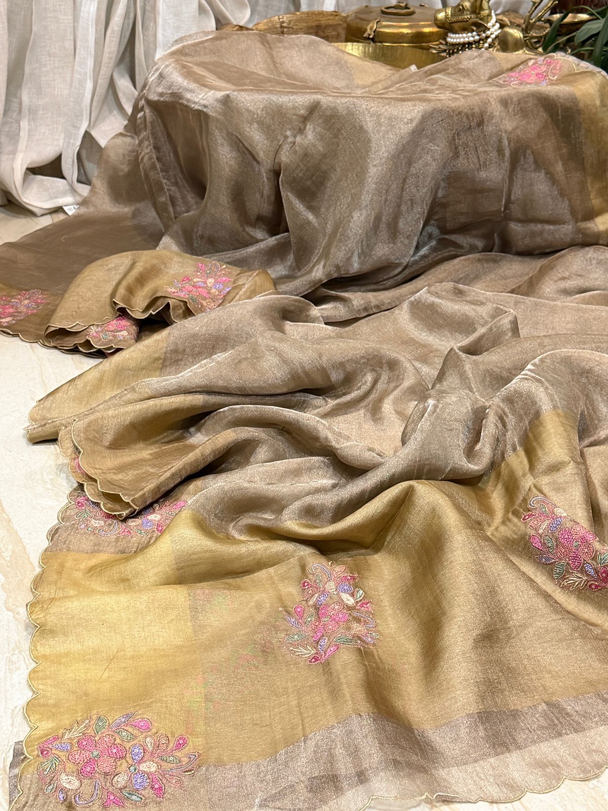 Tissue Soft Silk Saree With Embroidery Butta On Border