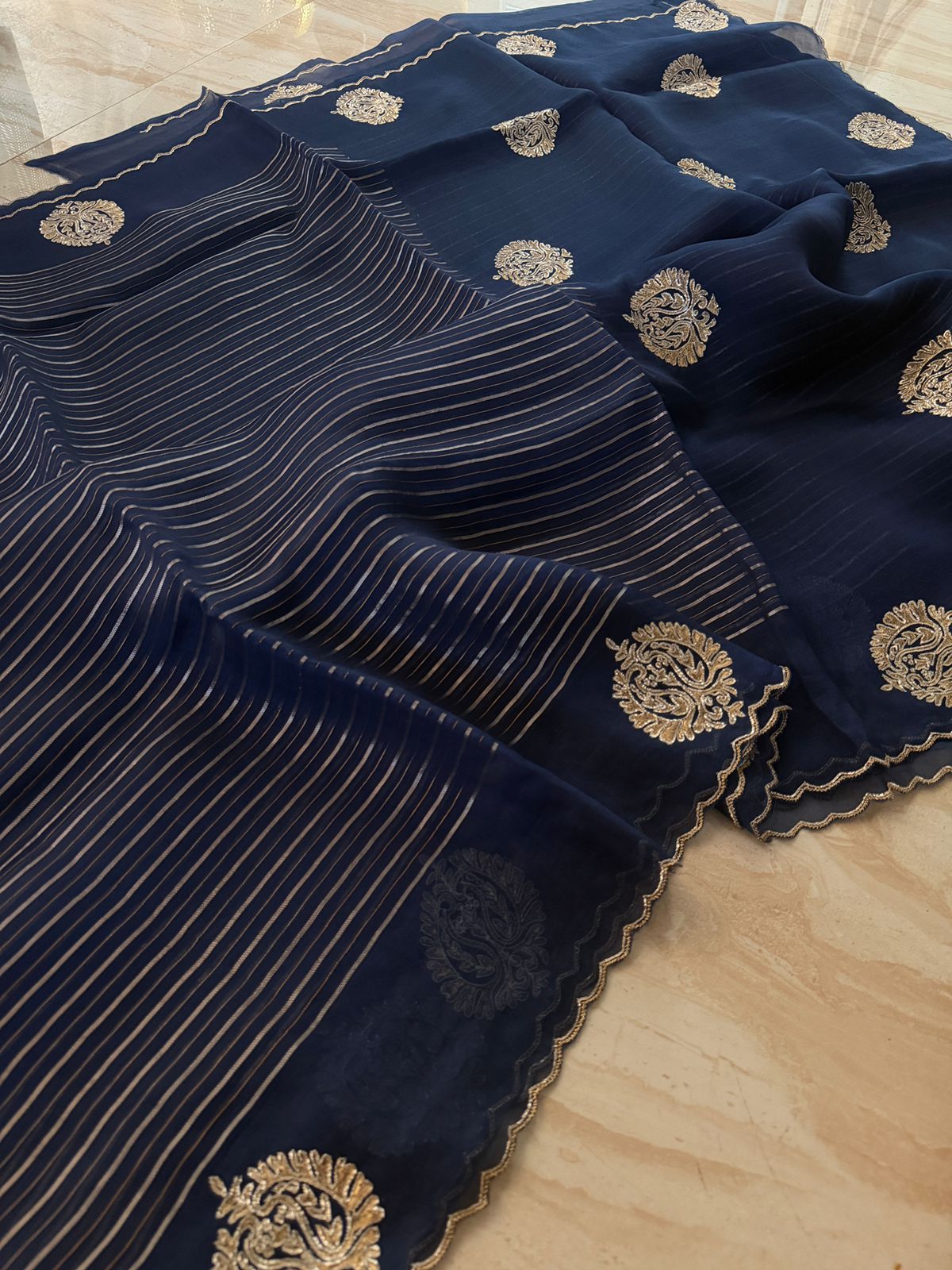 Pure Organza Saree Zari Stripes Saree With Hand Zardozi Dabka Work Butta