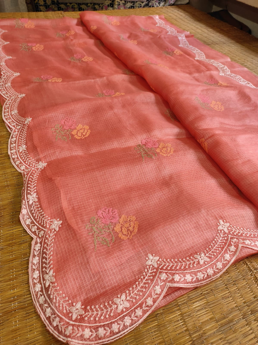 Pure Tussar Kota Silk Saree With Cross-Stitch Buta Embroidery All Over