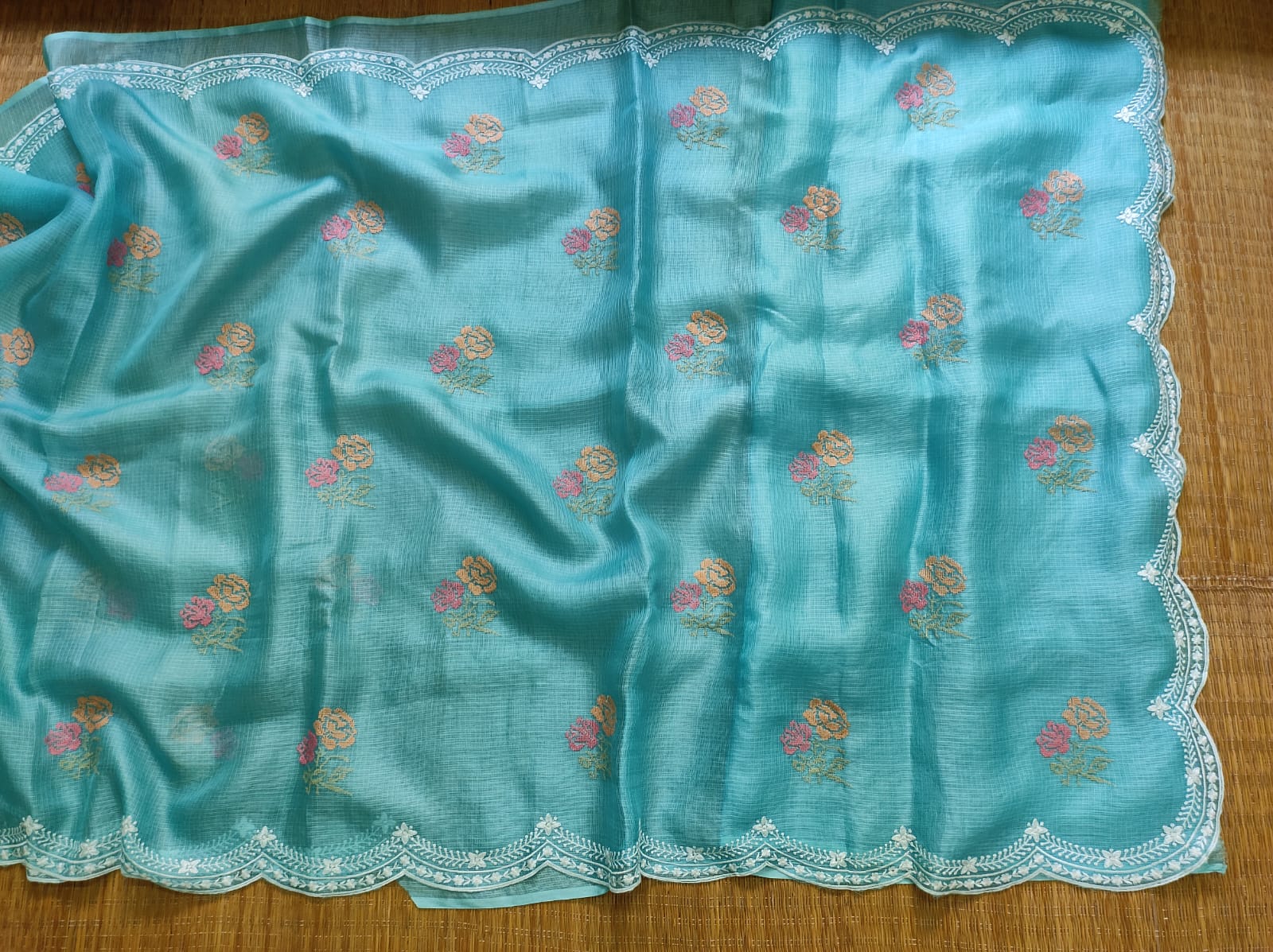 Pure Tusser Kota Silk Saree With Cross-Stitch Buta Embroidery All Over