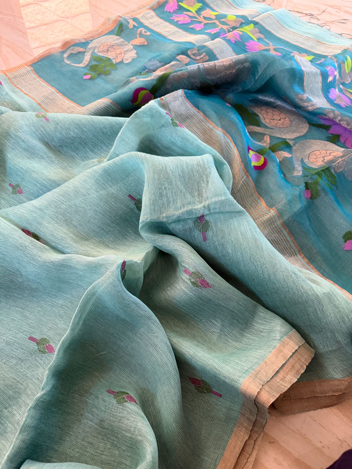 Pure Handloom Linen Tissue Silk Saree With Jamdani Weave