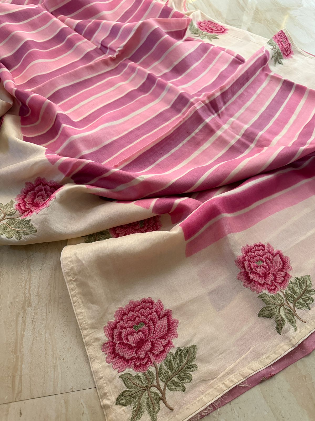 Tussar Silk Hand Brush Dye Saree with Cross Stitch Embroidery Buta