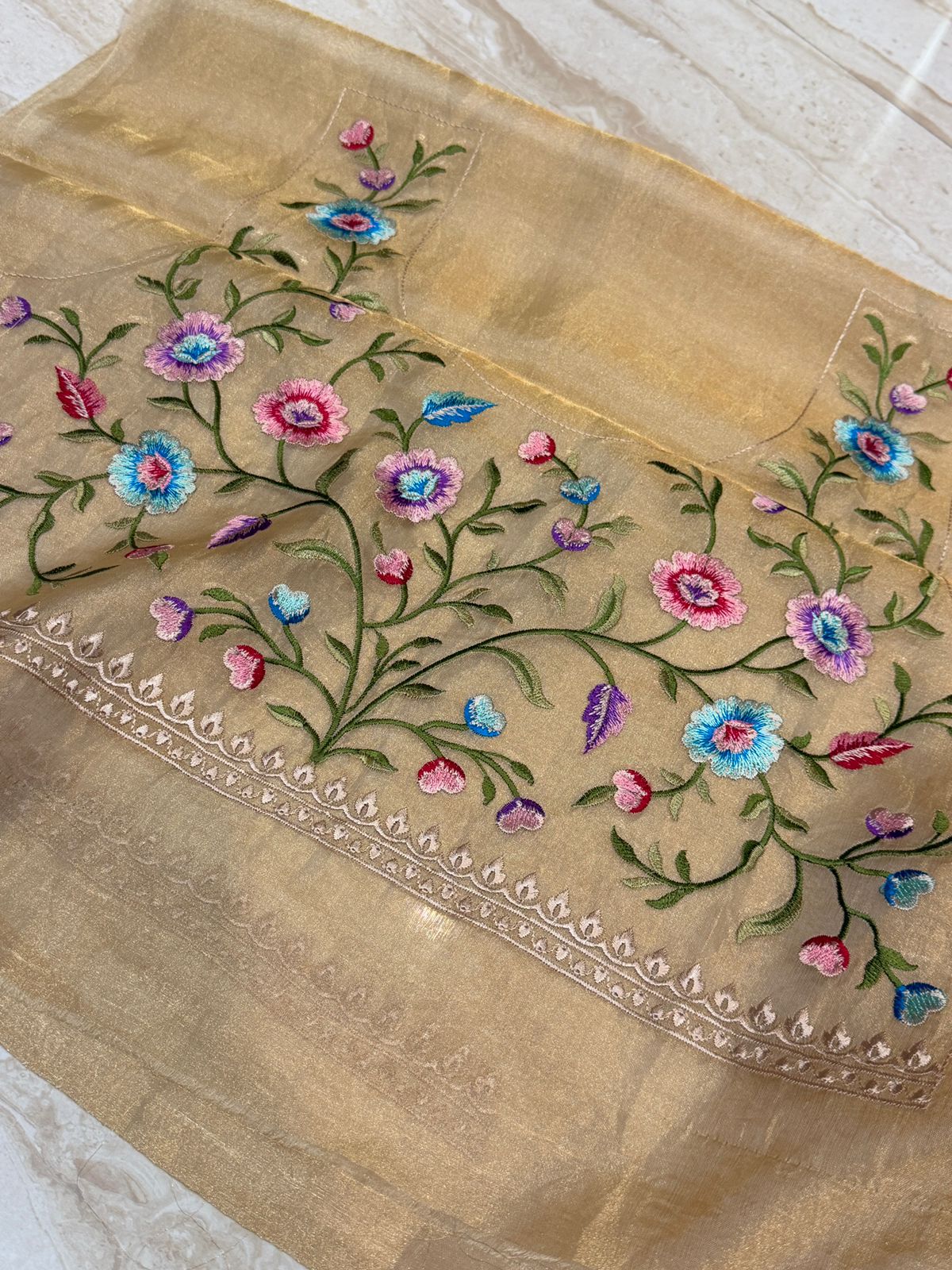 Banarasi Soft Tissue Silk Saree With Embroidery Border & Cross Stitch Blouse Piece