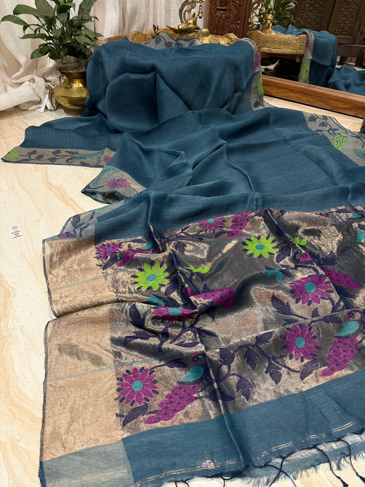 Pure Linen Silk Tissue Border and Pallu Saree With Jamdani Paithani Weave