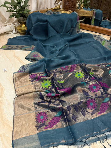 Pure Linen Silk Tissue Border and Pallu Saree With Jamdani Paithani Weave