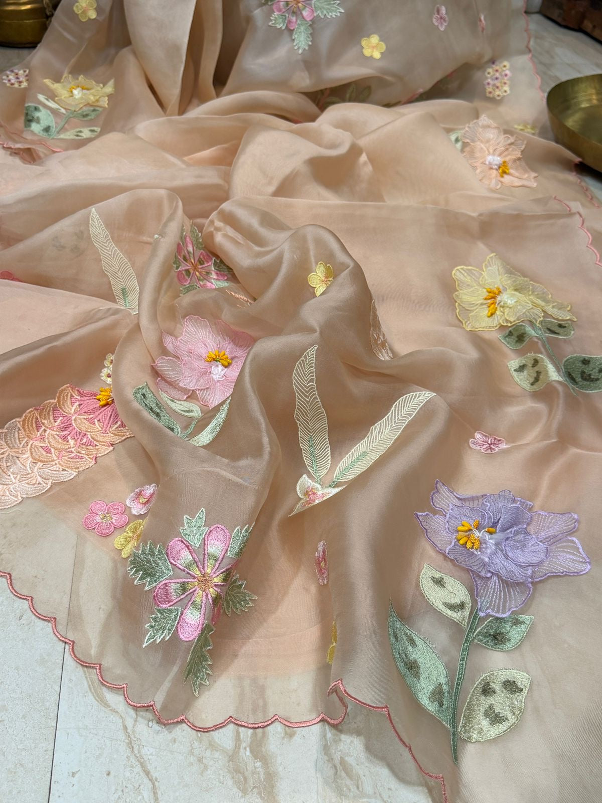 Organza Silk Saree With Appliqué Work With Embroidery
