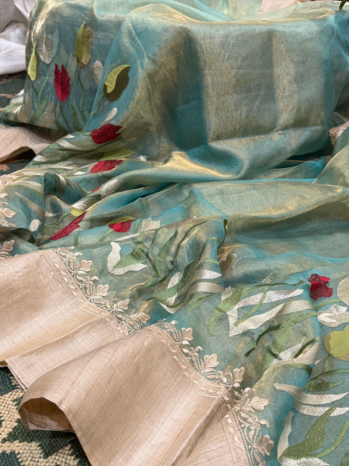 Banarasi Soft Tissue Embroidery Silk Saree With Tussar Border