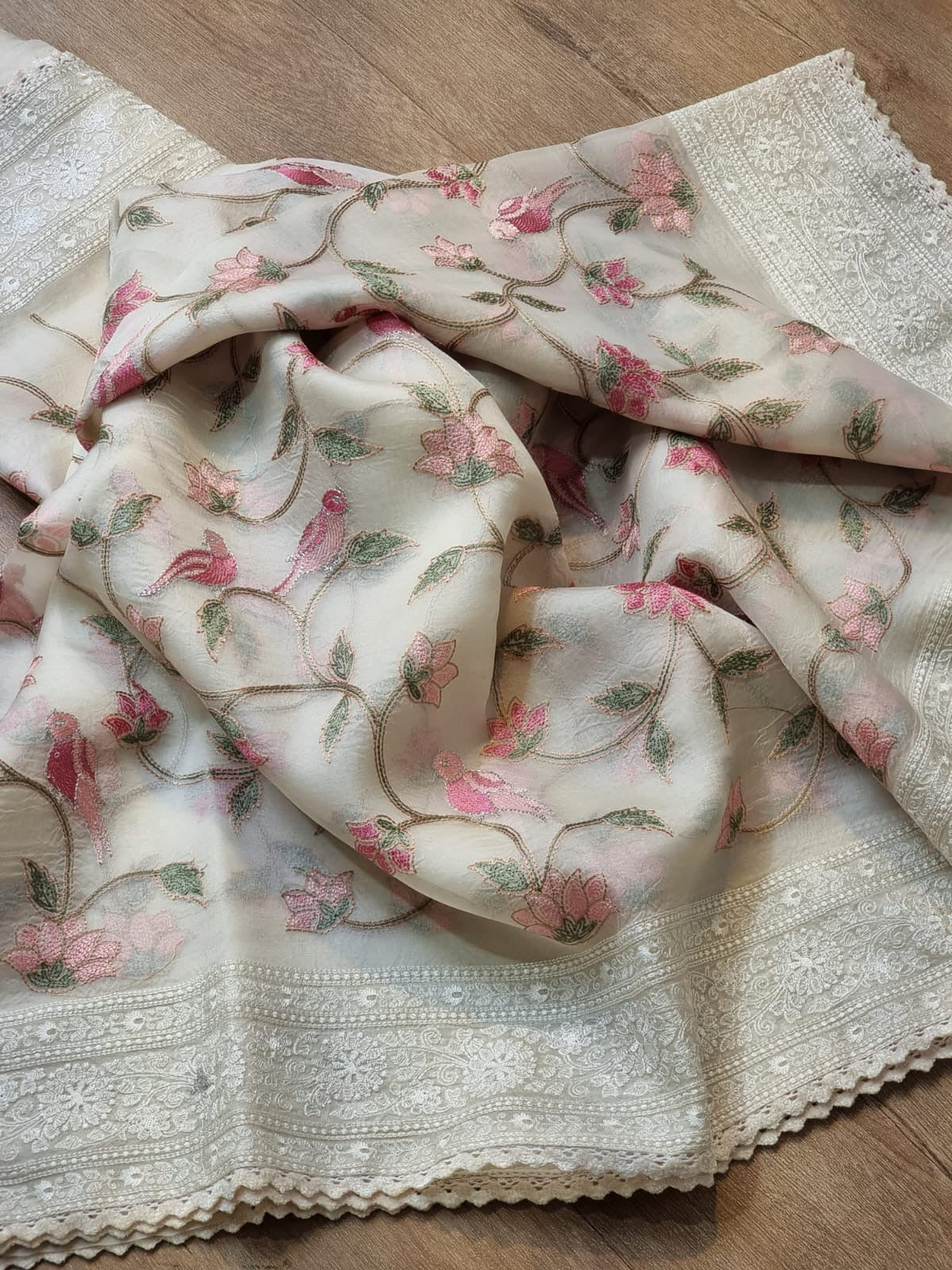 Pure Organza Silk Saree With Katha Machine Chikankari , Border with velvet lace