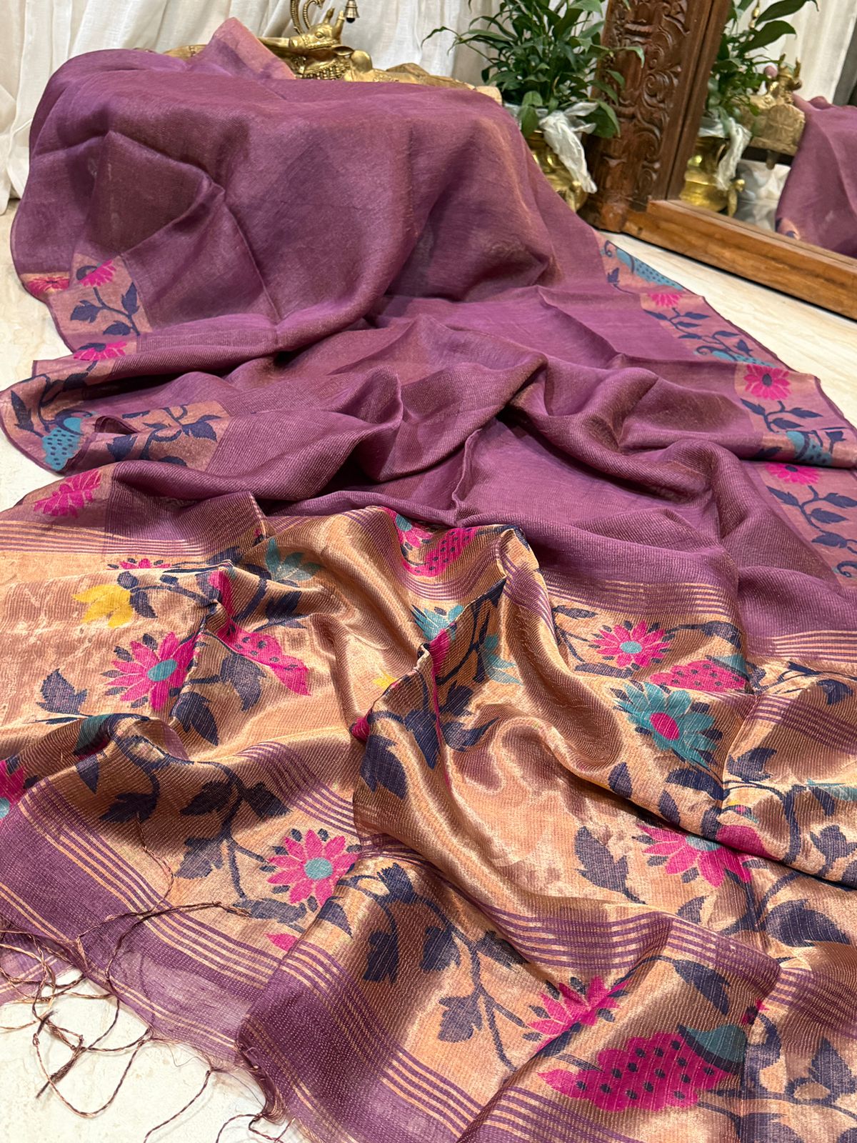 Pure Linen Silk Tissue Border and Pallu Saree With Paithani Weave