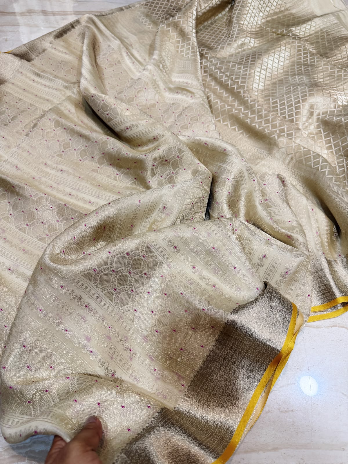 Pure Mysore Brocade Crepe Silk Saree With Meenakari Weave