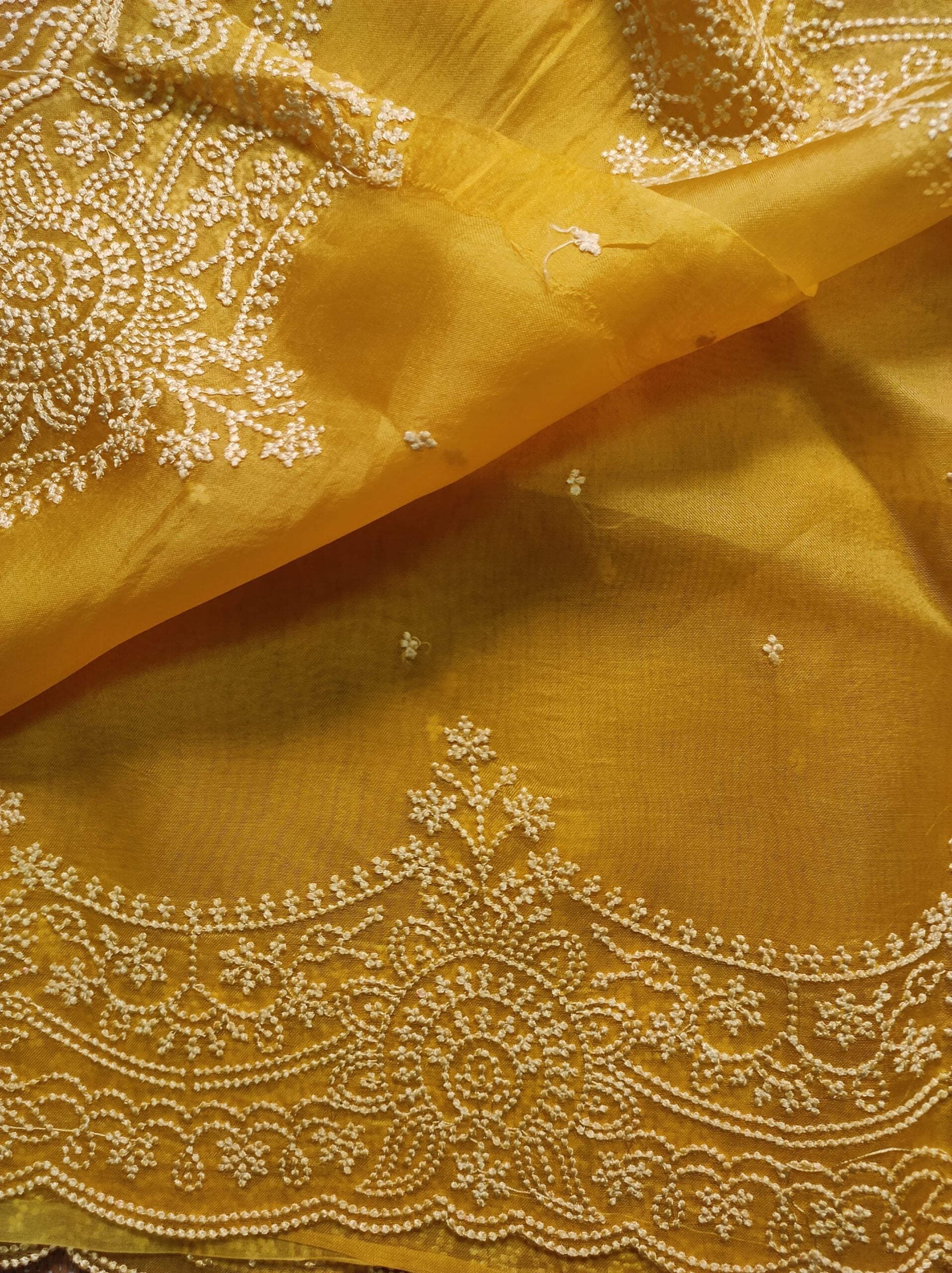 Pure Organza Silk Saree with Pearl Style Scallop Edging Embroidery Work All Over