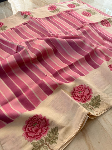 Tussar Silk Hand Brush Dye Saree with Cross Stitch Embroidery Buta
