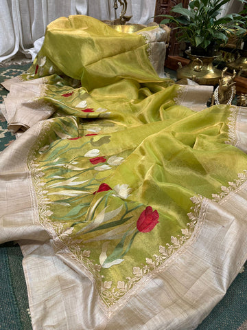 Banarasi Soft Tissue Embroidery Silk Saree With Tussar Border
