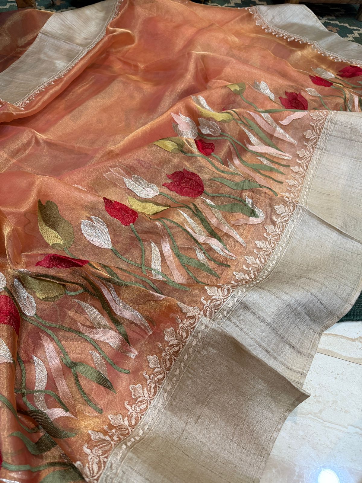 Banarasi Soft Tissue Embroidery Silk Saree With Tussar Border