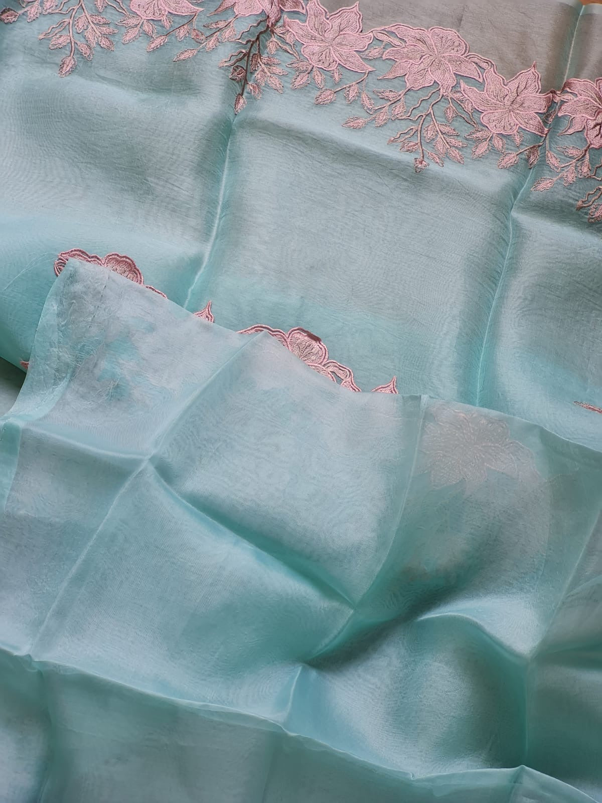Organza Silk Saree With Alfi Scallop Embroidery Border