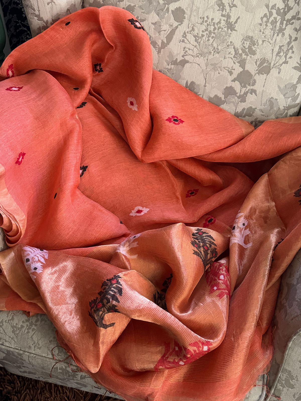 Pure Handloom Linen Tissue Silk Saree With Jamdani Weave