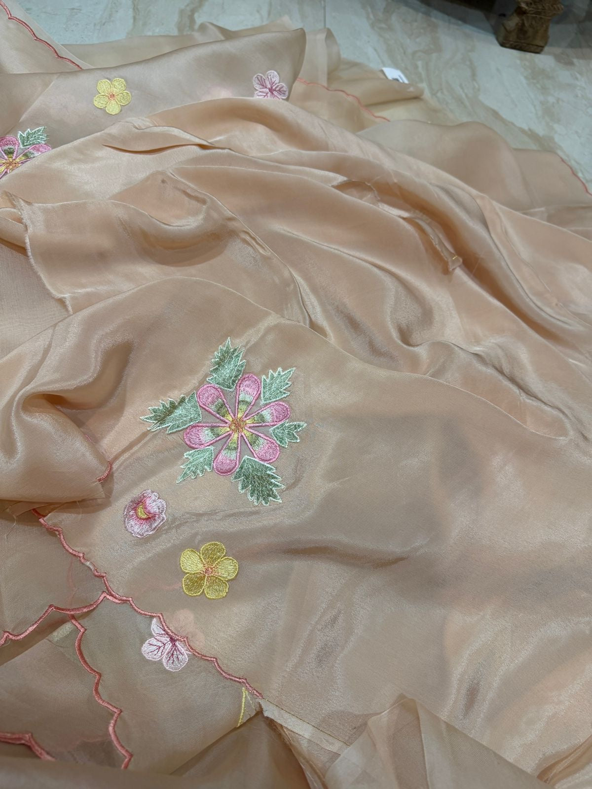 Organza Silk Saree With Appliqué Work With Embroidery
