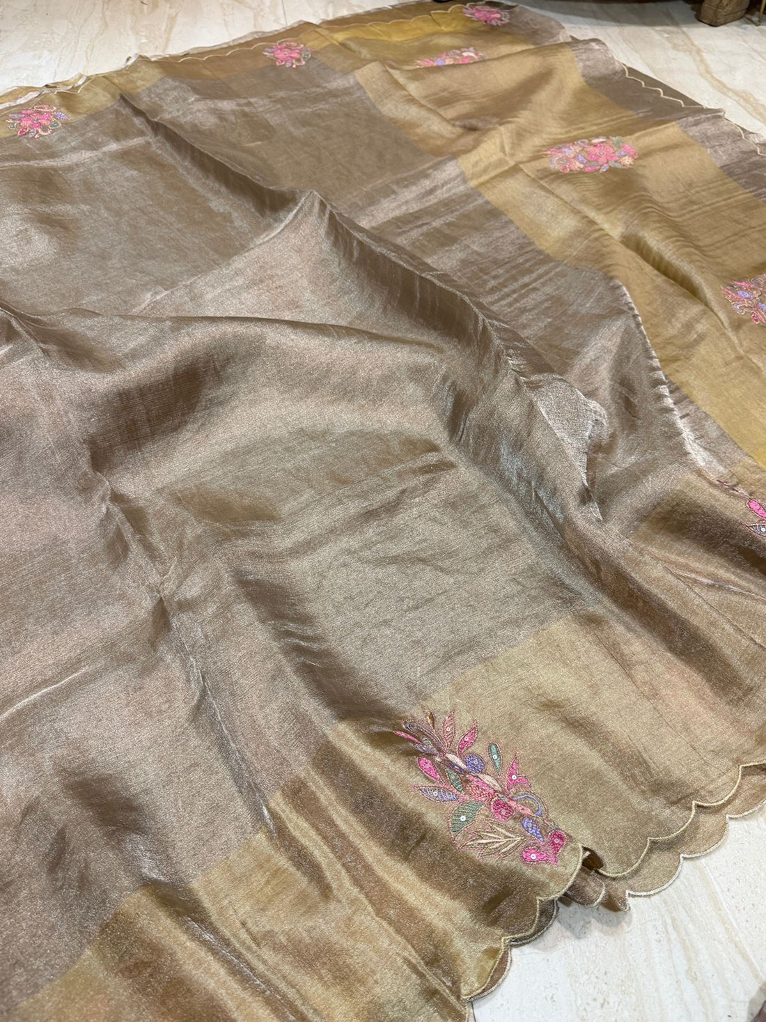 Tissue Soft Silk Saree With Embroidery Butta On Border