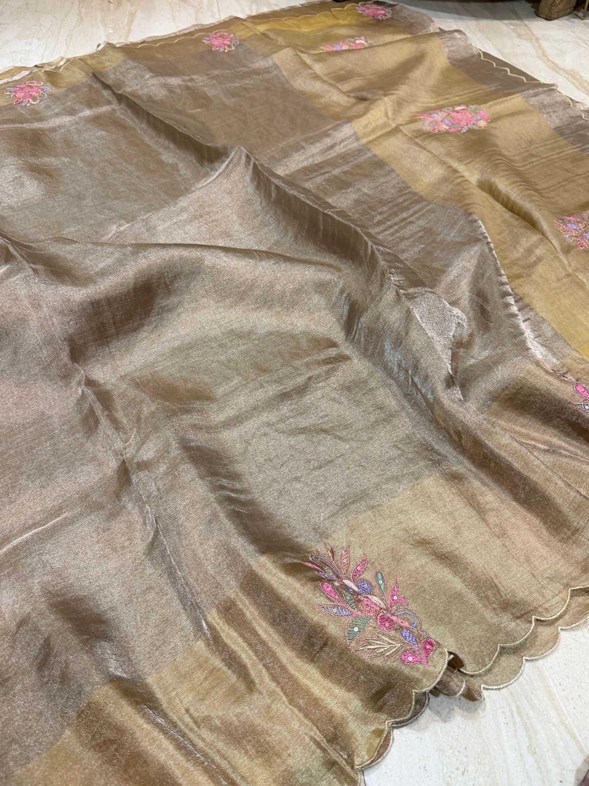 Tissue Soft Silk Saree With Embroidery Butta On Border