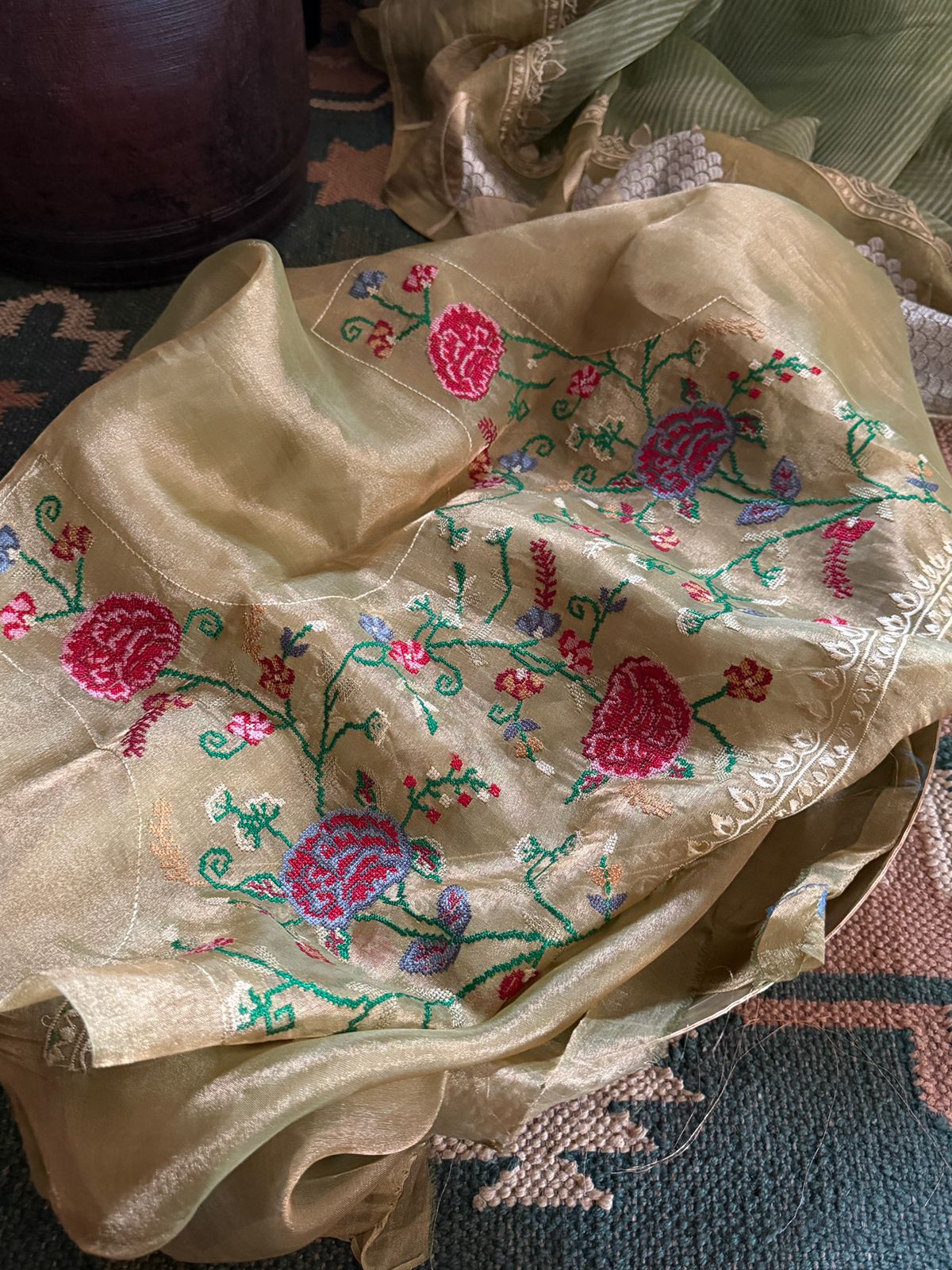 Banarasi Soft Tissue Silk Saree With Embroidery Border & Cross Stitch Blouse Piece