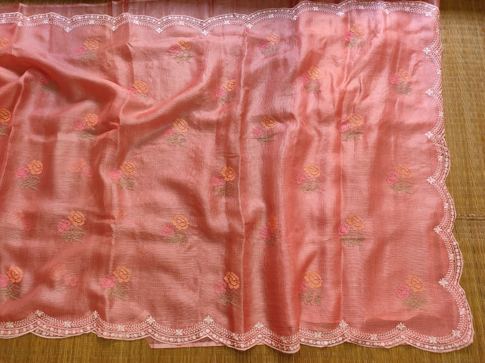 Pure Tussar Kota Silk Saree With Cross-Stitch Buta Embroidery All Over