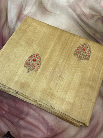Pure Handloom Tussar Raw Silk Banarasi Saree With Meenakari
