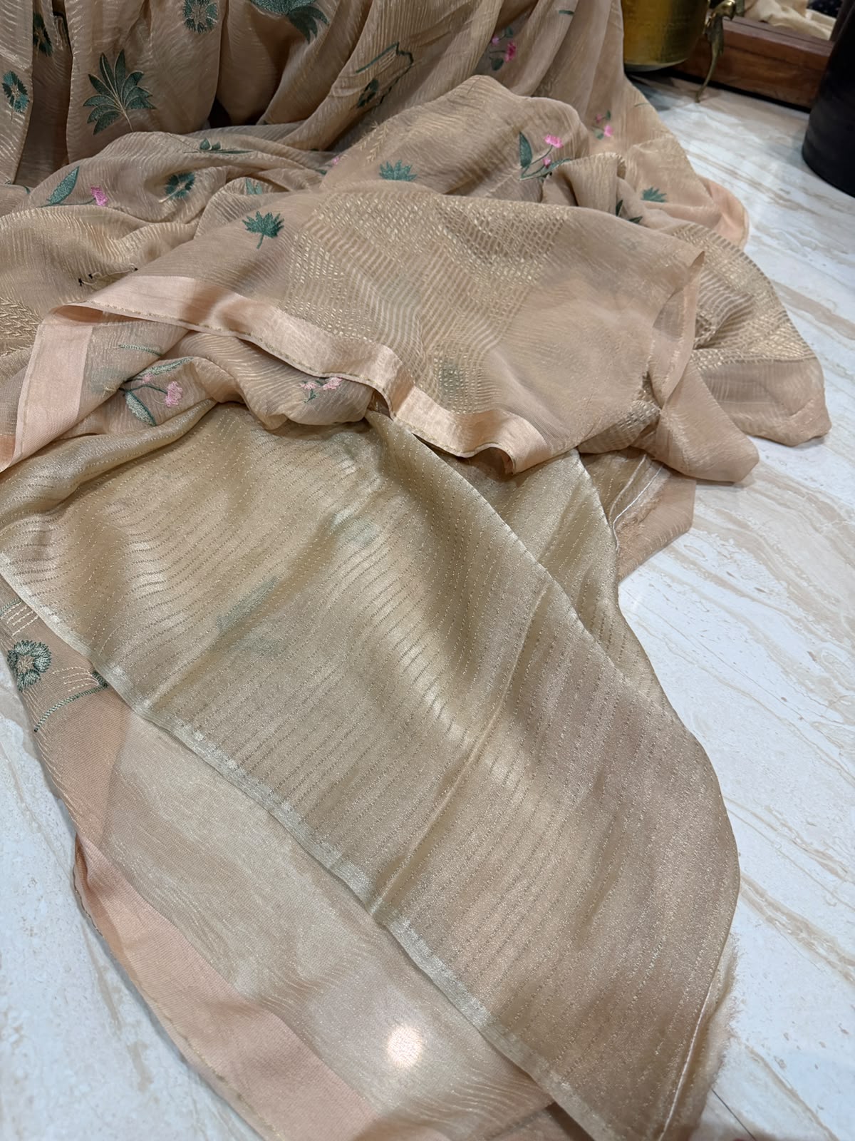 Pure Crush Tissue Georgette Saree With Machine Embroidery