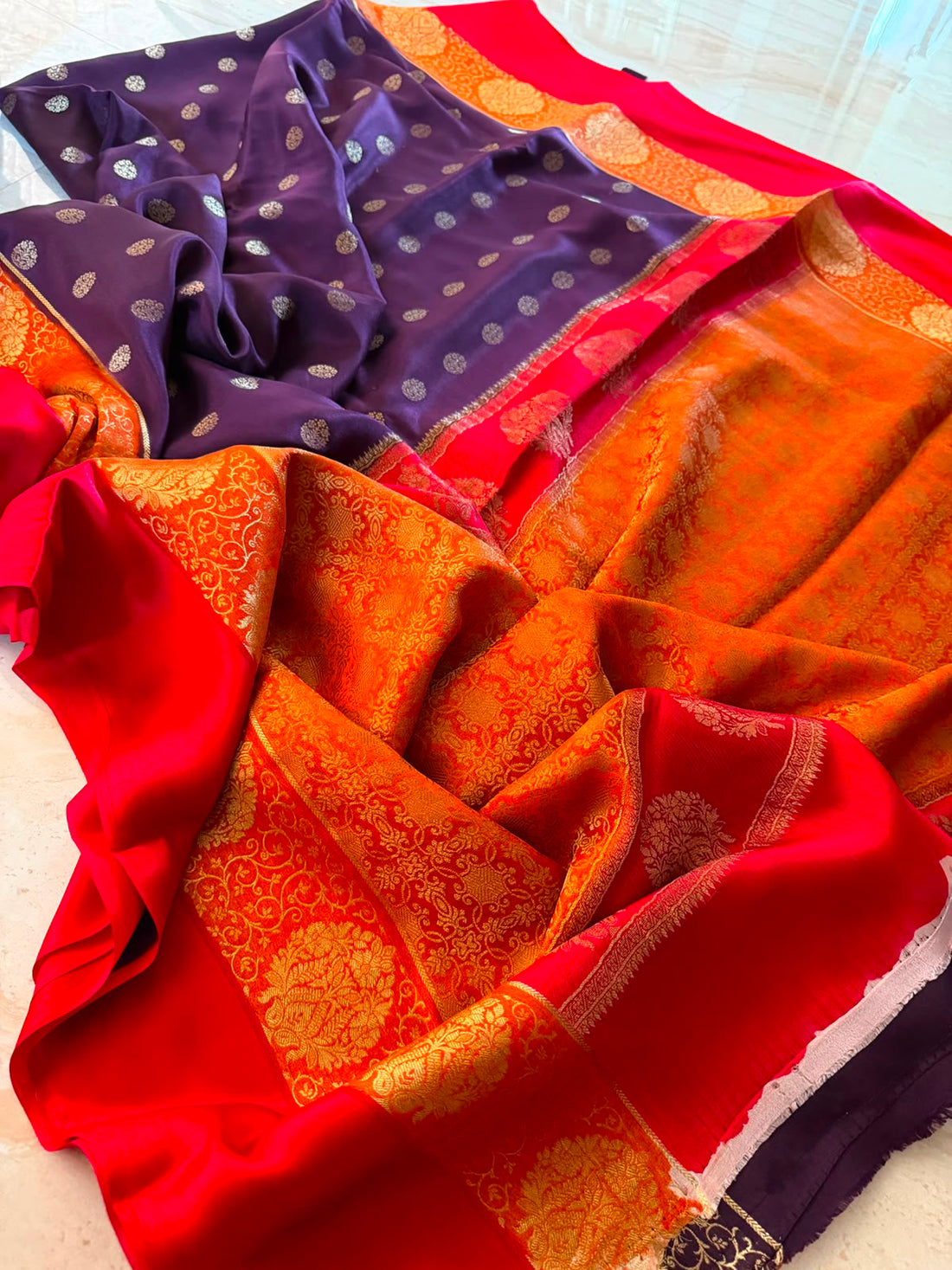 Mysore Brocade Crepe Silk Saree with Zari Weave | 3-Color Dye
