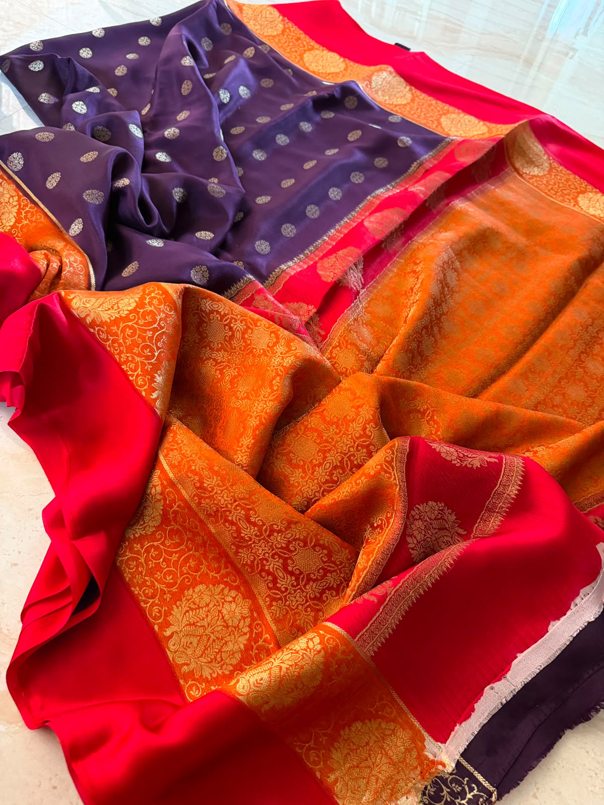 Mysore Brocade Crepe Silk Saree with Zari Weave | 3-Color Dye