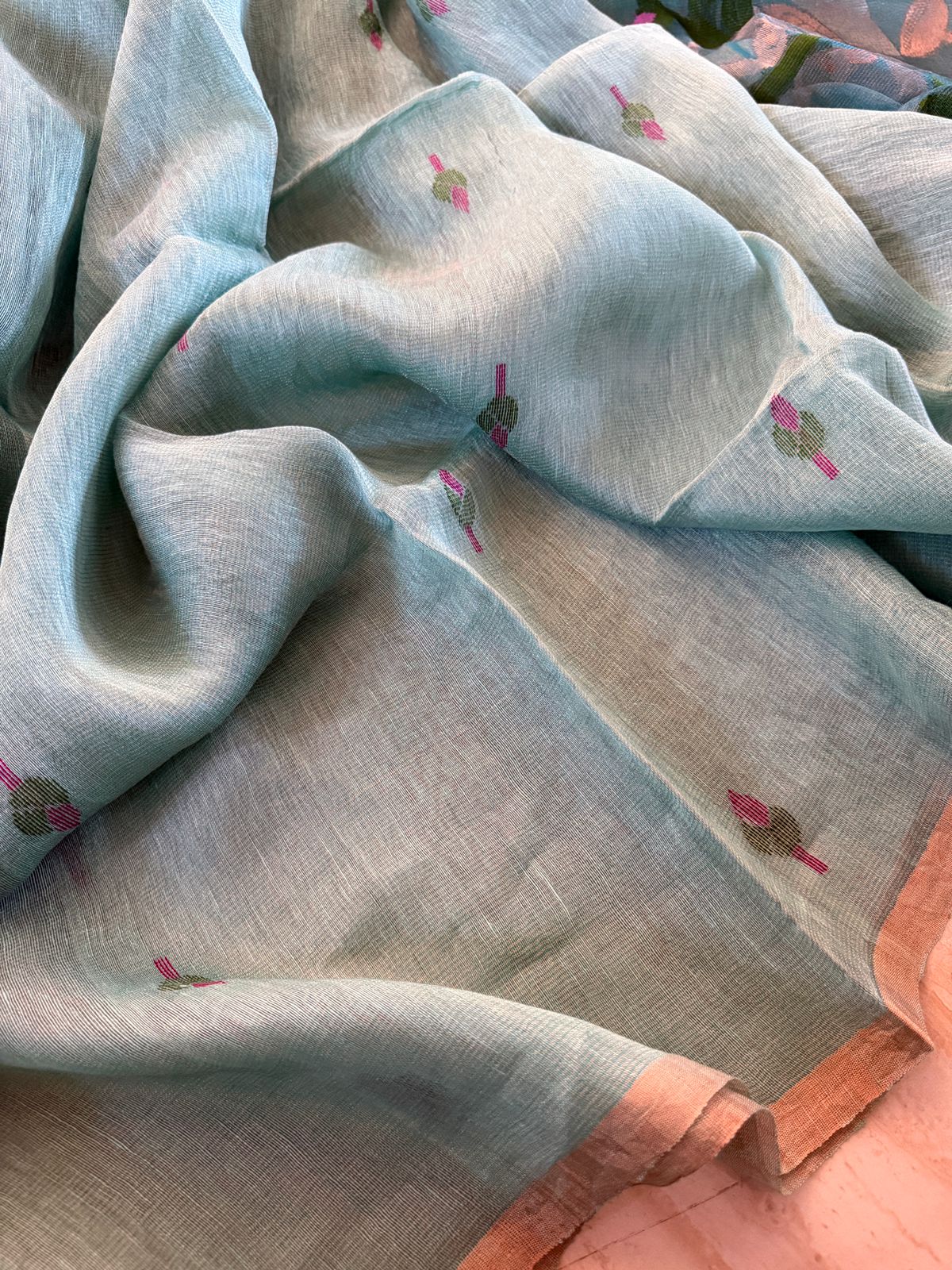 Pure Handloom Linen Tissue Silk Saree With Jamdani Weave