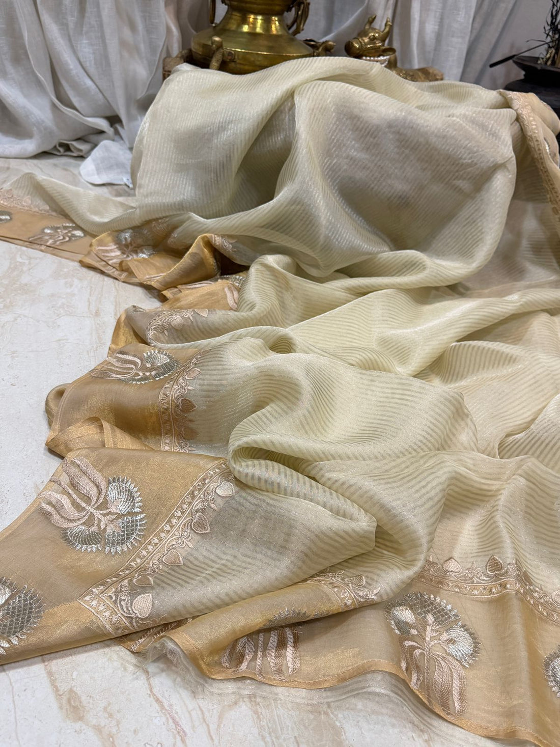 Banarasi Soft Tissue Silk Saree With Embroidery Border & Cross Stitch Blouse Piece