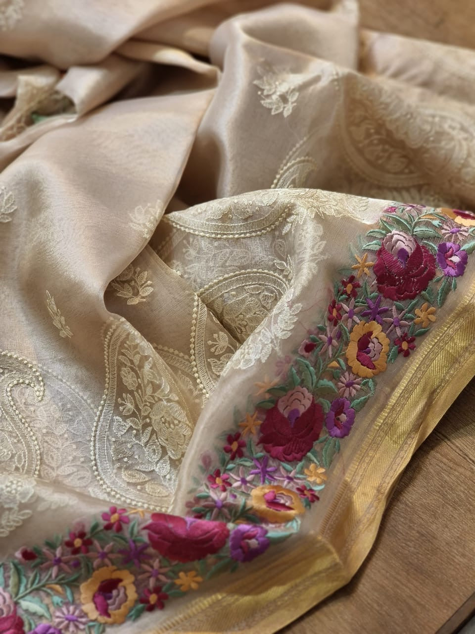 Pure Tissue Silk Parsi Border Chikankari Embroidery Saree
