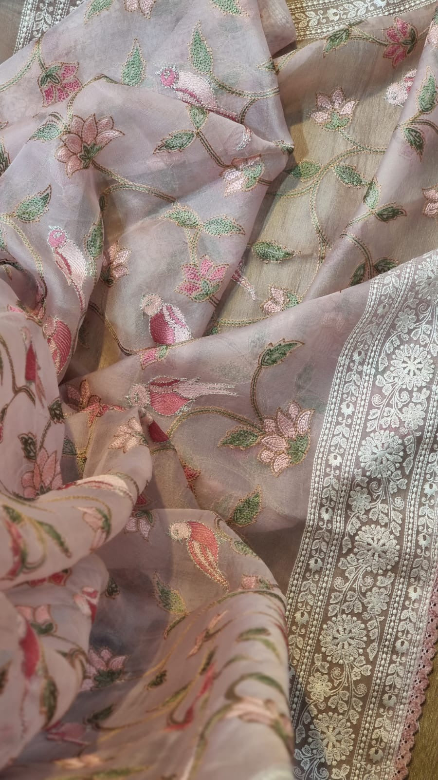 Pure Organza Silk Saree With Katha Machine Chikankari , Border with velvet lace